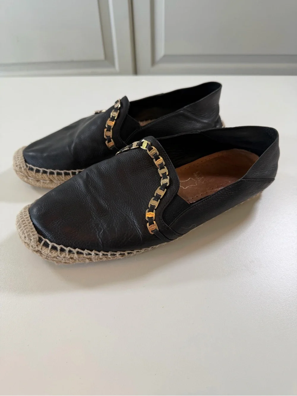 Salvatore Ferragamo Leather Chain Espadrilles 7.5C Wide Black